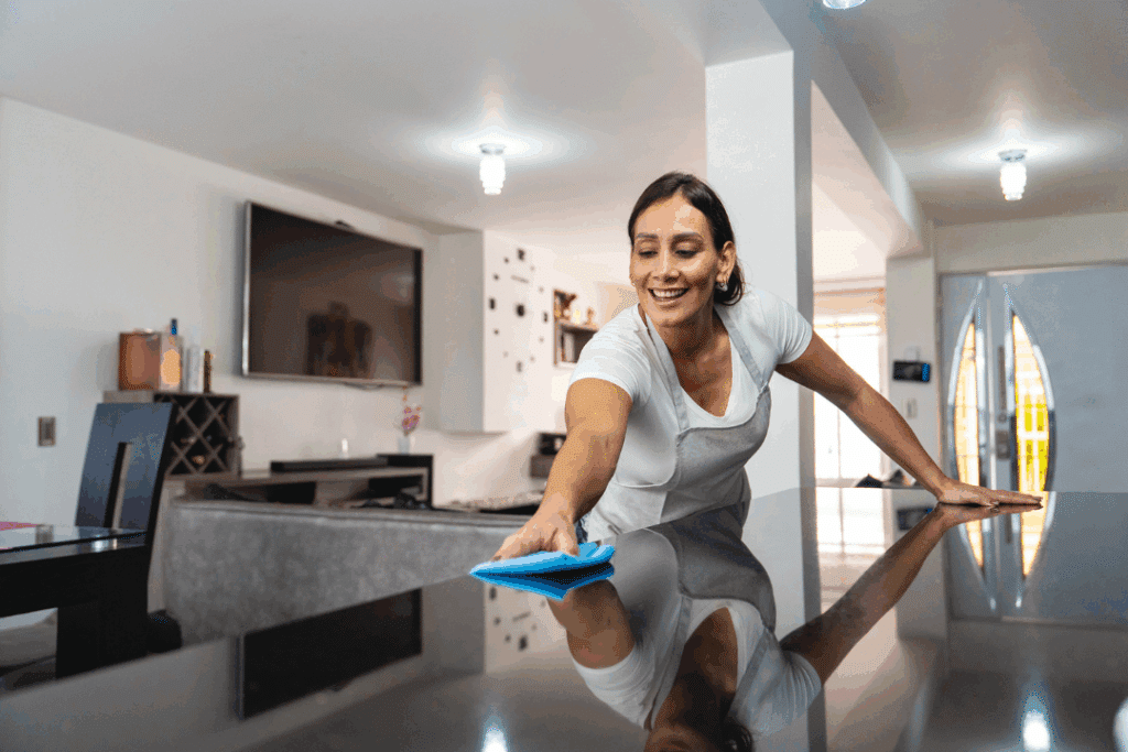 Residential cleaning team polishing a modern kitchen island in a Coon Rapids home.