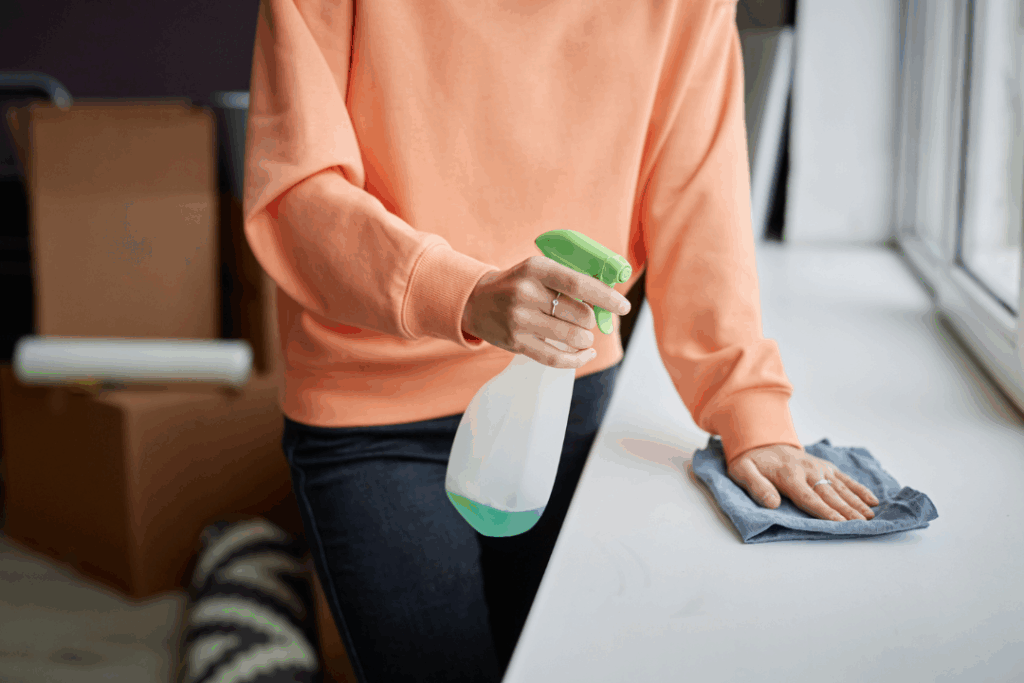 Homeowner wiping down a surface with cleaner, promoting everyday cleanliness.