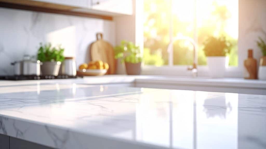 Residential kitchen featuring spotless countertops after cleaning service.